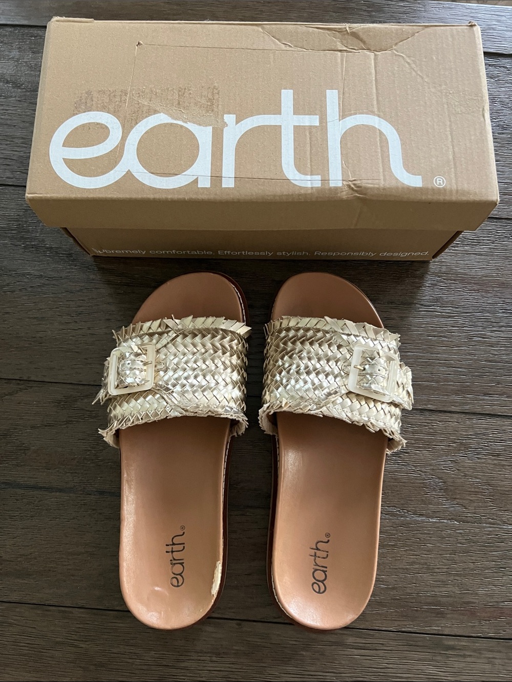 Earth Metallic Gold Braided Slide Sandals with Buckle